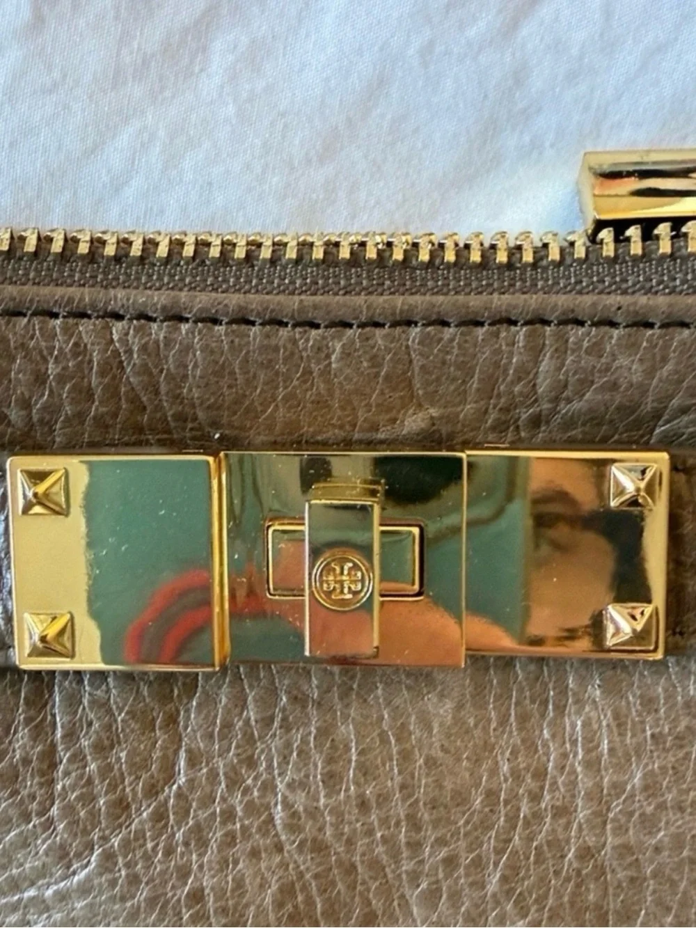 Tory Burch Brown Leather Wristlet Clutch with Gold Hardware